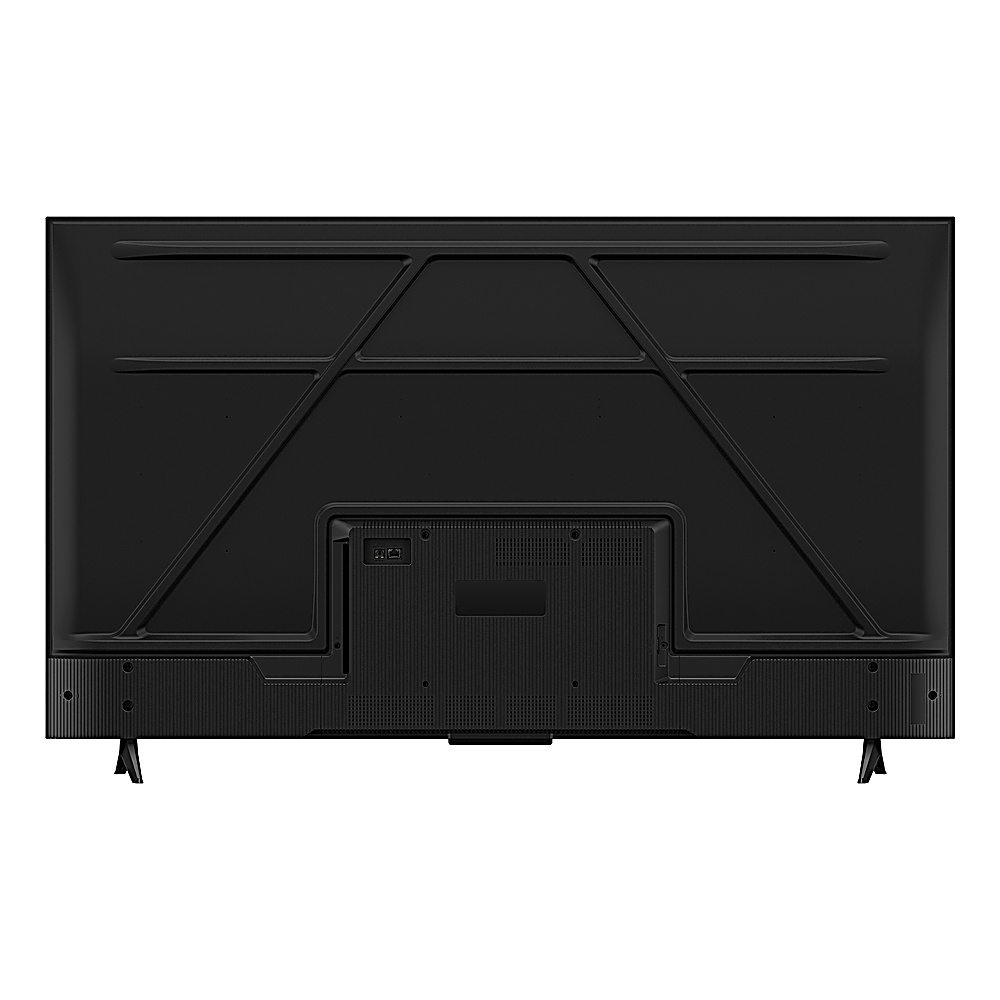 Arrière d'une télévision noire. Il a un design géométrique à l'arrière avec des ports et deux supports.