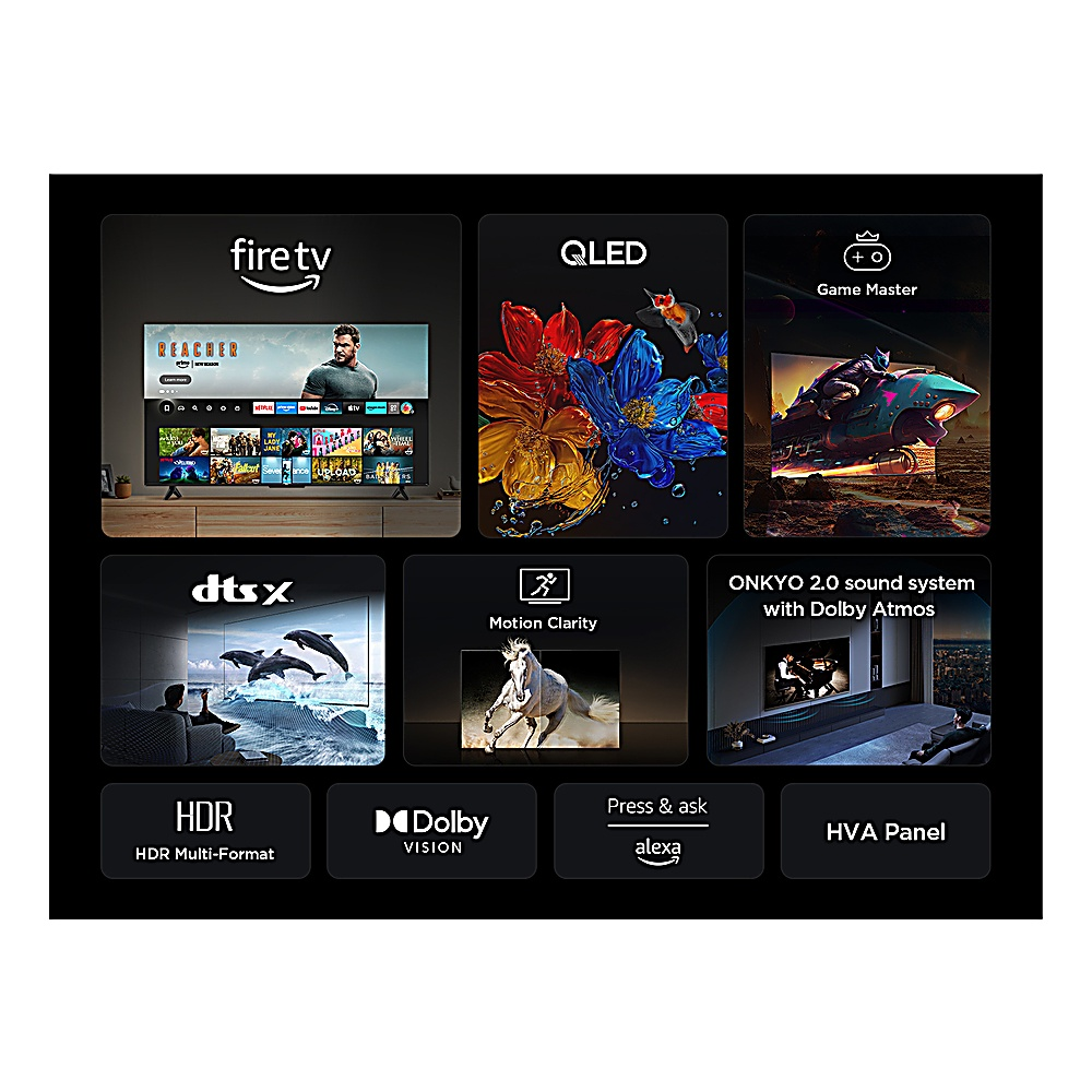 Un écran de télévision affiche diverses fonctionnalités : FireTV, QLED, Game Master, DTSX, Motion Clarity et le système audio Onkyo, ainsi que HDR, Dolby Vision et Alexa.