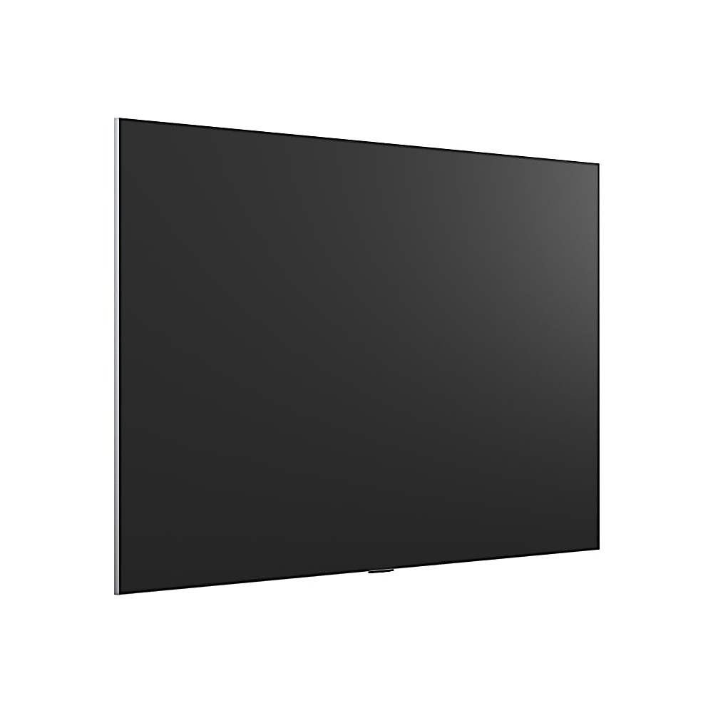 Duży, prostokątny, czarny telewizor z płaskim ekranem i cienką srebrną ramką, na białym tle.