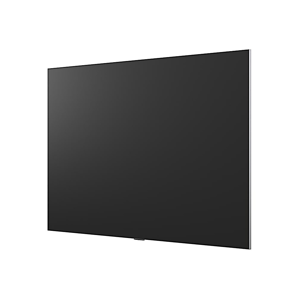 Duży, prostokątny, czarny ekran, prawdopodobnie telewizor, jest zamontowany na białym tle. Ekran ma cienkie srebrne krawędzie.