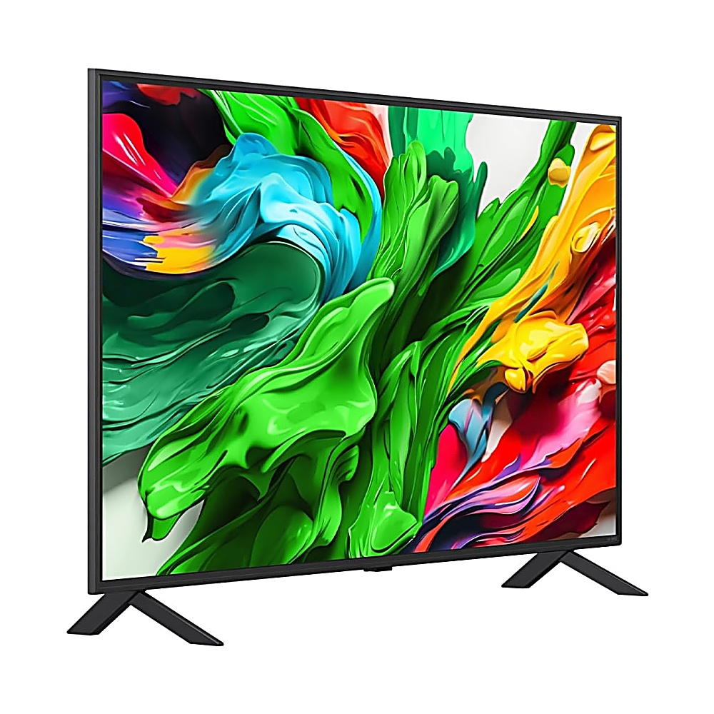 Una TV a schermo piatto mostra arte astratta in colori vivaci. Dominano le tonalità verdi, blu, gialle e rosse. La TV è su gambe nere.