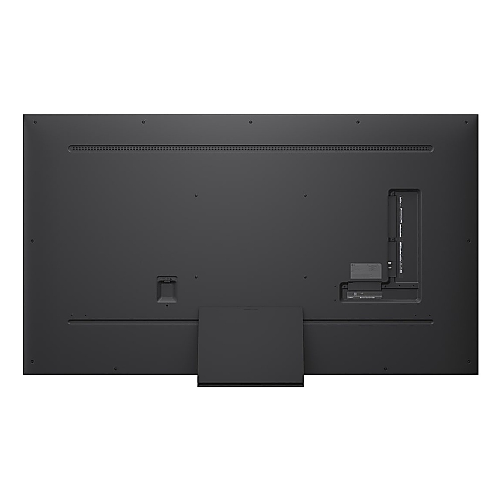 Widok z tyłu dużego, czarnego telewizora. Posiada porty, otwory wentylacyjne i podstawę. Powierzchnia jest matowa czarna.