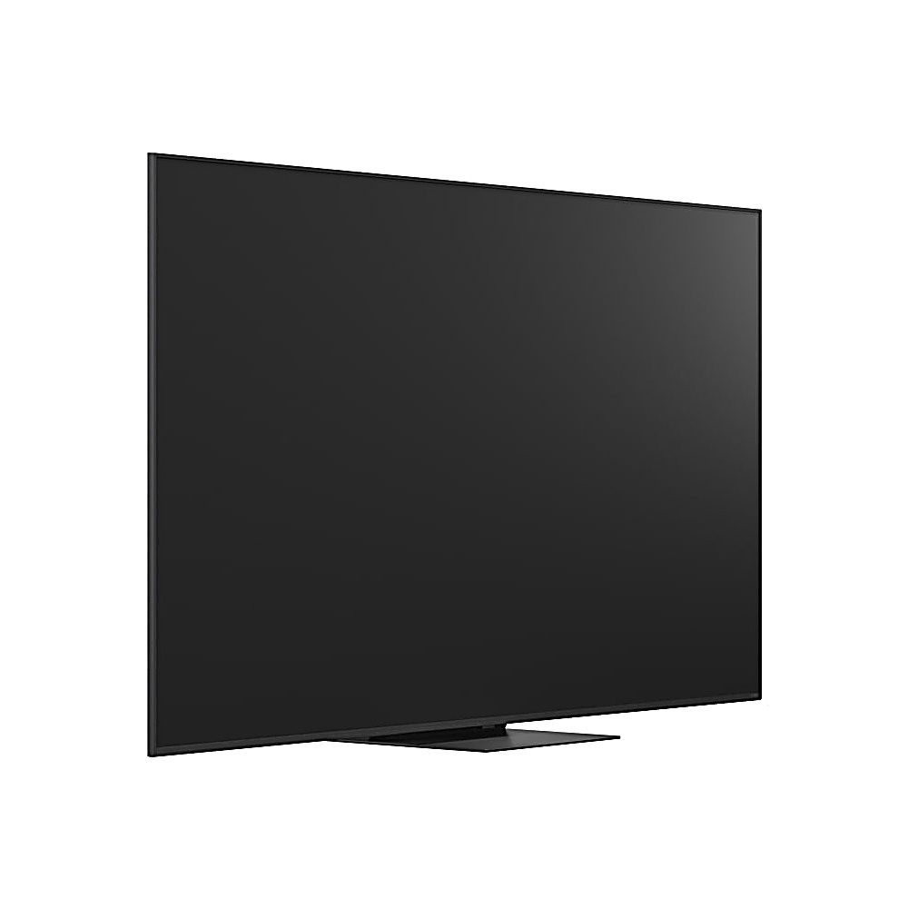 Duży, czarny, prostokątny telewizor stoi na białym tle. Ma cienką ramkę i małą, prostokątną podstawę.