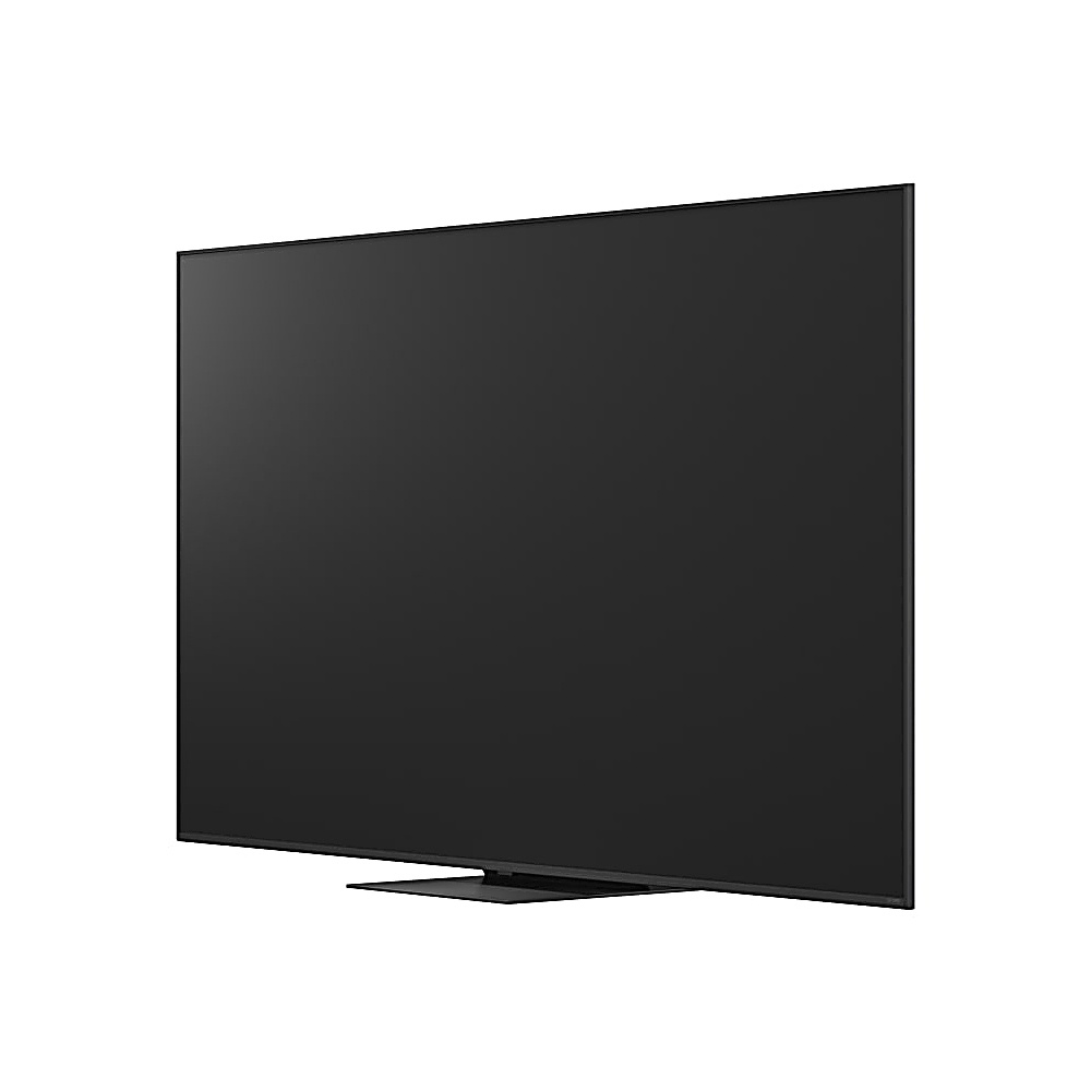 Duży, czarny telewizor z płaskim ekranem. Jest prostokątny i ma cienką czarną ramkę. Stoi na małej, ciemnej podstawie.