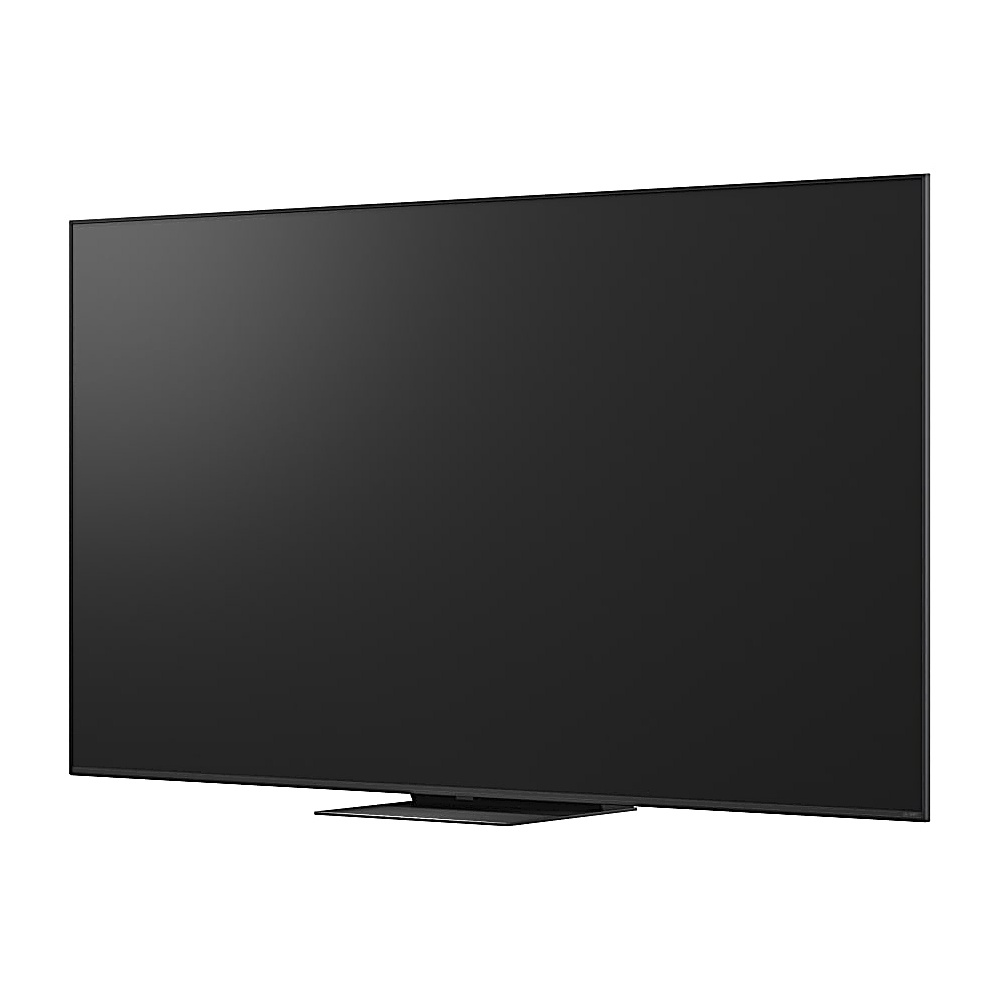 Duży, czarny telewizor z płaskim ekranem. Jest prostokątny z cienką ramką. Stoi na niskiej, prostokątnej podstawie.