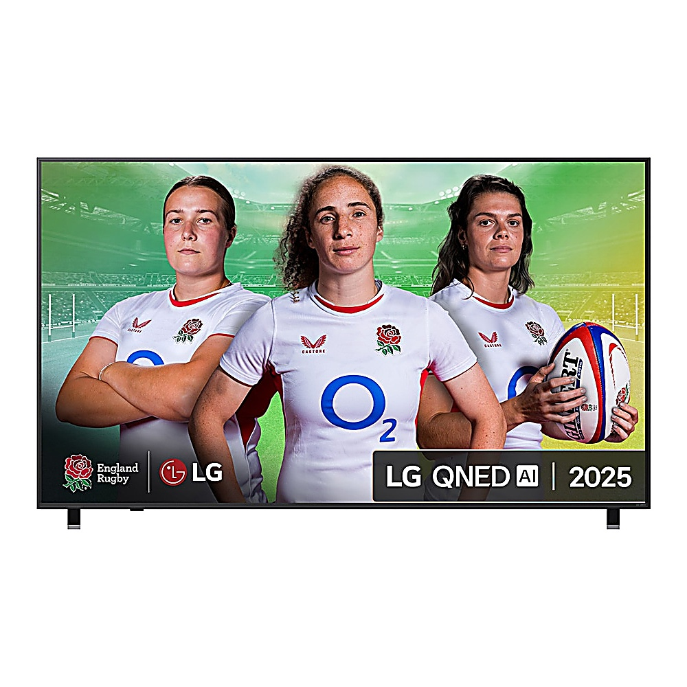 Trzy kobiety w białych koszulkach do rugby z czerwonymi akcentami na telewizorze LG. Jedna trzyma piłkę do rugby. Widoczne logo England Rugby i LG.