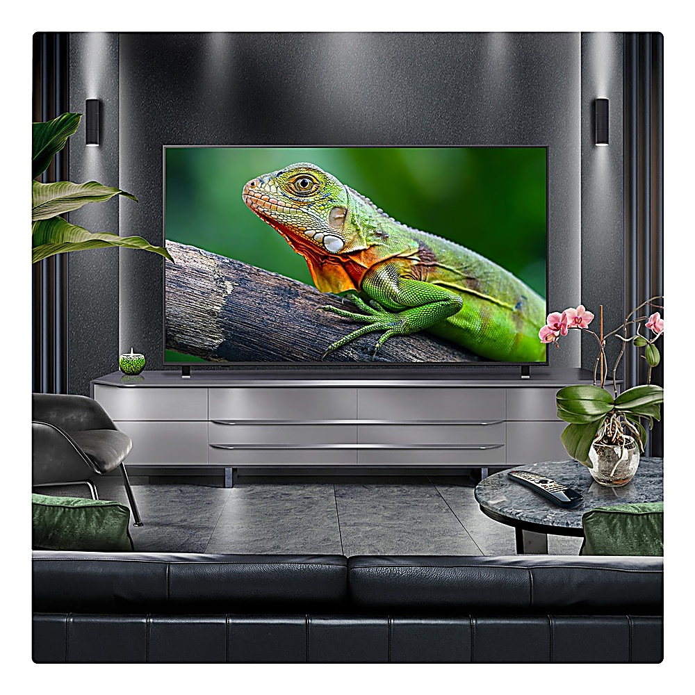 Nowoczesny salon z telewizorem pokazującym jaszczurkę. Jest czarna skórzana sofa, szara szafka, rośliny i mały stolik.