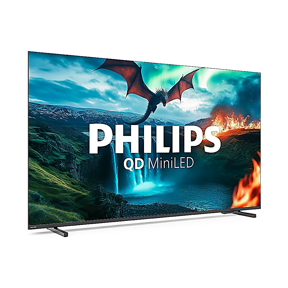 Philips QD MiniLED TV, ejderha, şelale ve ateşin olduğu bir fantezi sahnesi sergiliyor. TV beyaz bir arka plan üzerinde, sağa doğru açılı duruyor.