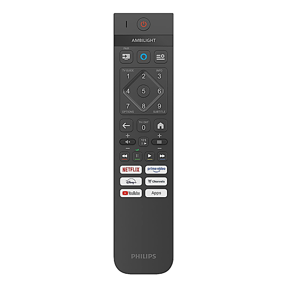 Philips TV uzaktan kumandası, TV fonksiyonları ve Netflix ve YouTube dahil olmak üzere yayın hizmetleri için birçok düğmeyle.