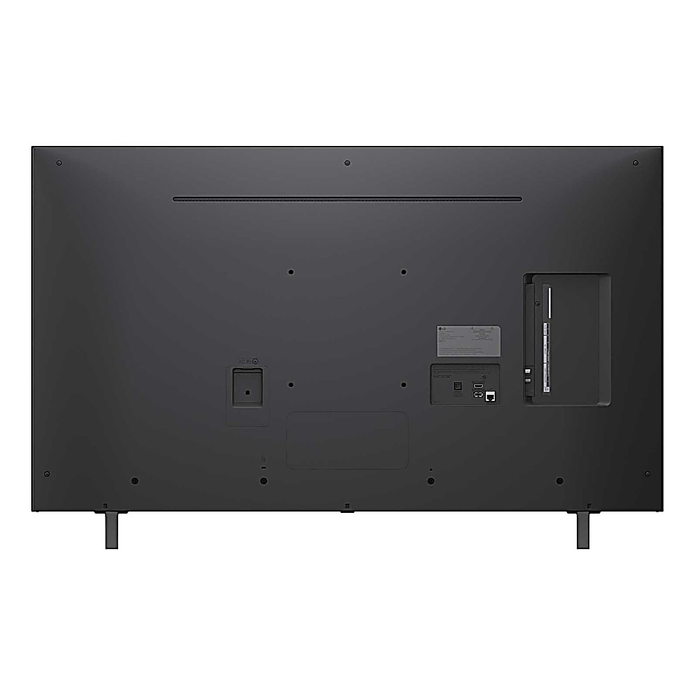 Vue arrière d'une grande télévision LG noire. Elle possède une variété de ports et de connecteurs, avec deux pieds de support.