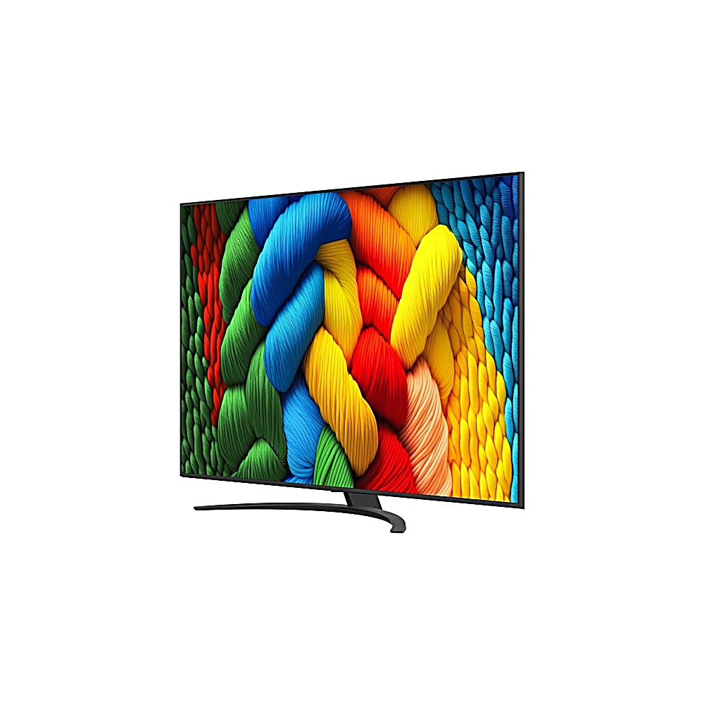 Une télévision incurvée affiche un motif tressé coloré de vert, bleu, jaune et rouge. La télévision a un pied noir.