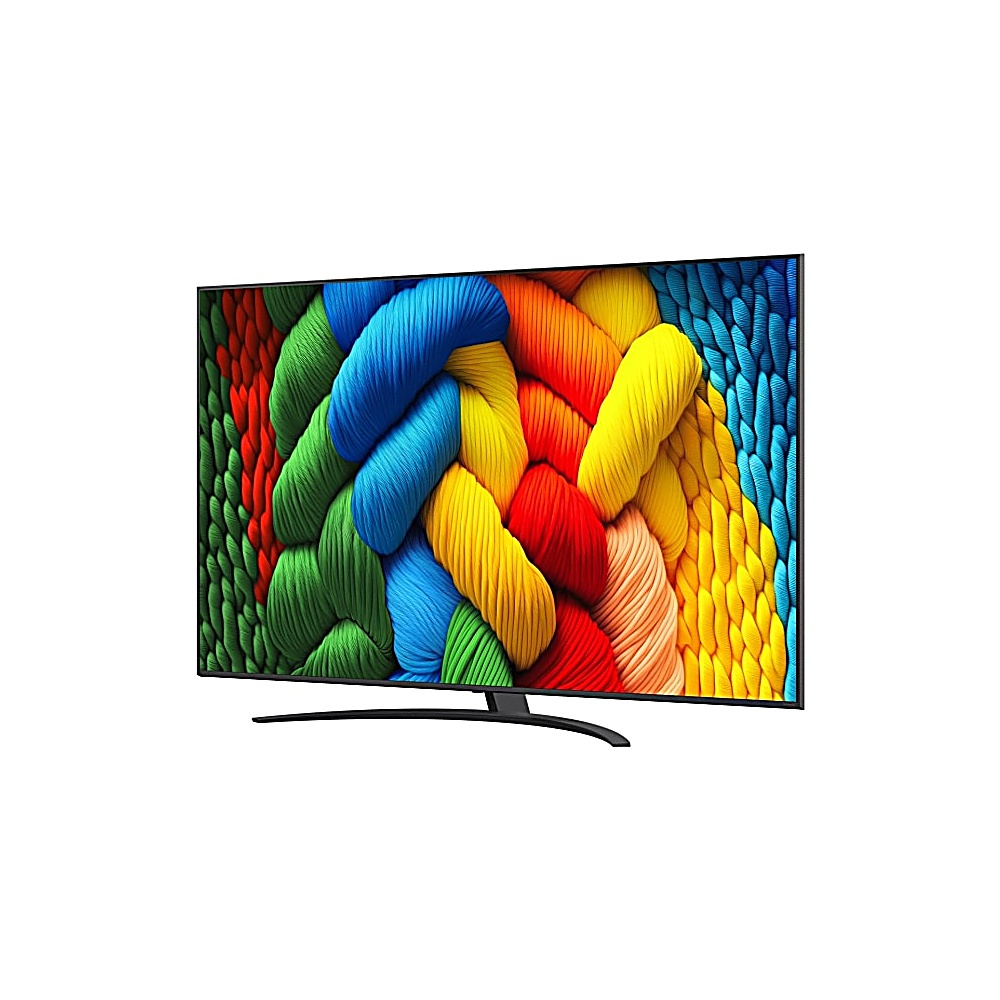 Une télévision moderne affiche un motif tressé coloré de vert, bleu, jaune et rouge. Le téléviseur a un pied noir.