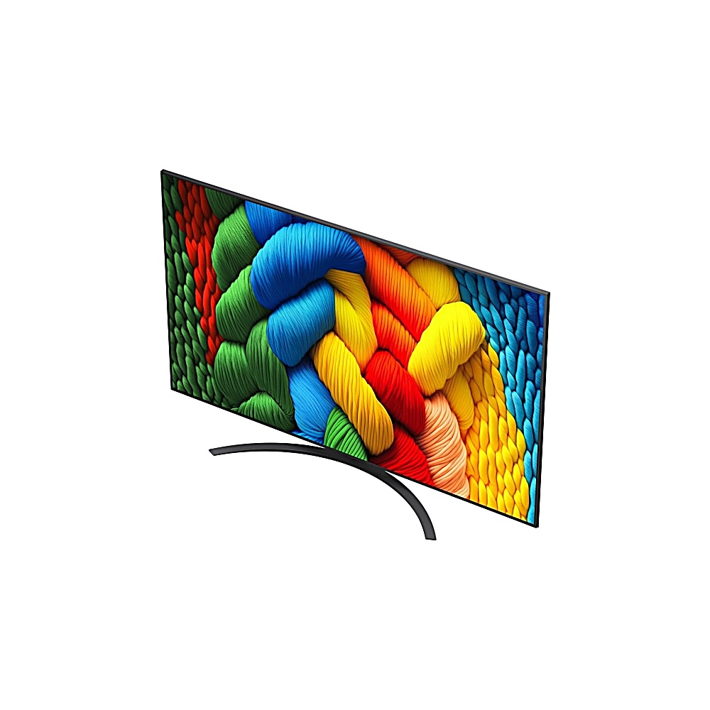 Une télévision incurvée avec un affichage abstrait coloré. Elle a un cadre et un support noirs, et l'écran affiche des cordes tissées de couleurs.