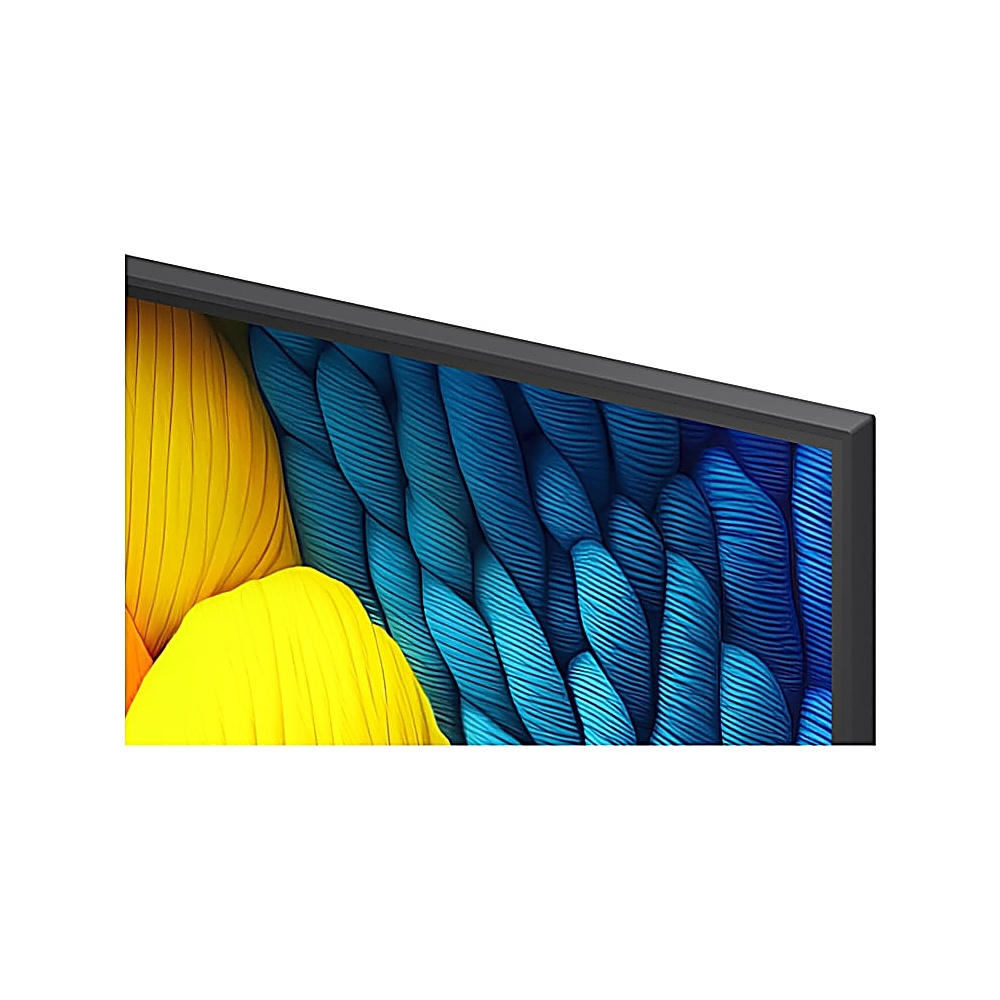 Gros plan d'un écran de télévision, affichant un motif abstrait coloré de formes jaunes et bleues en forme de plumes.