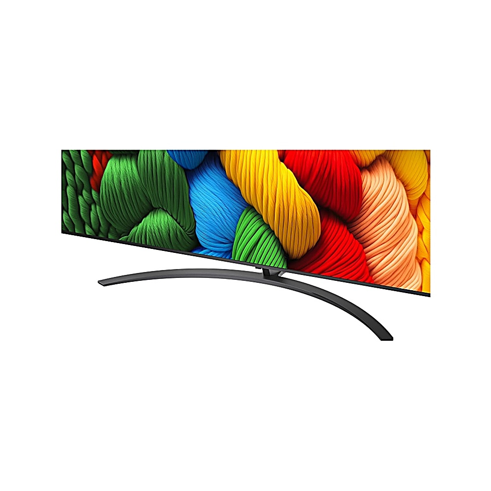 Un téléviseur incurvé affiche un art abstrait coloré. Le téléviseur a un support noir. L'art présente des couleurs vertes, bleues, jaunes et rouges.