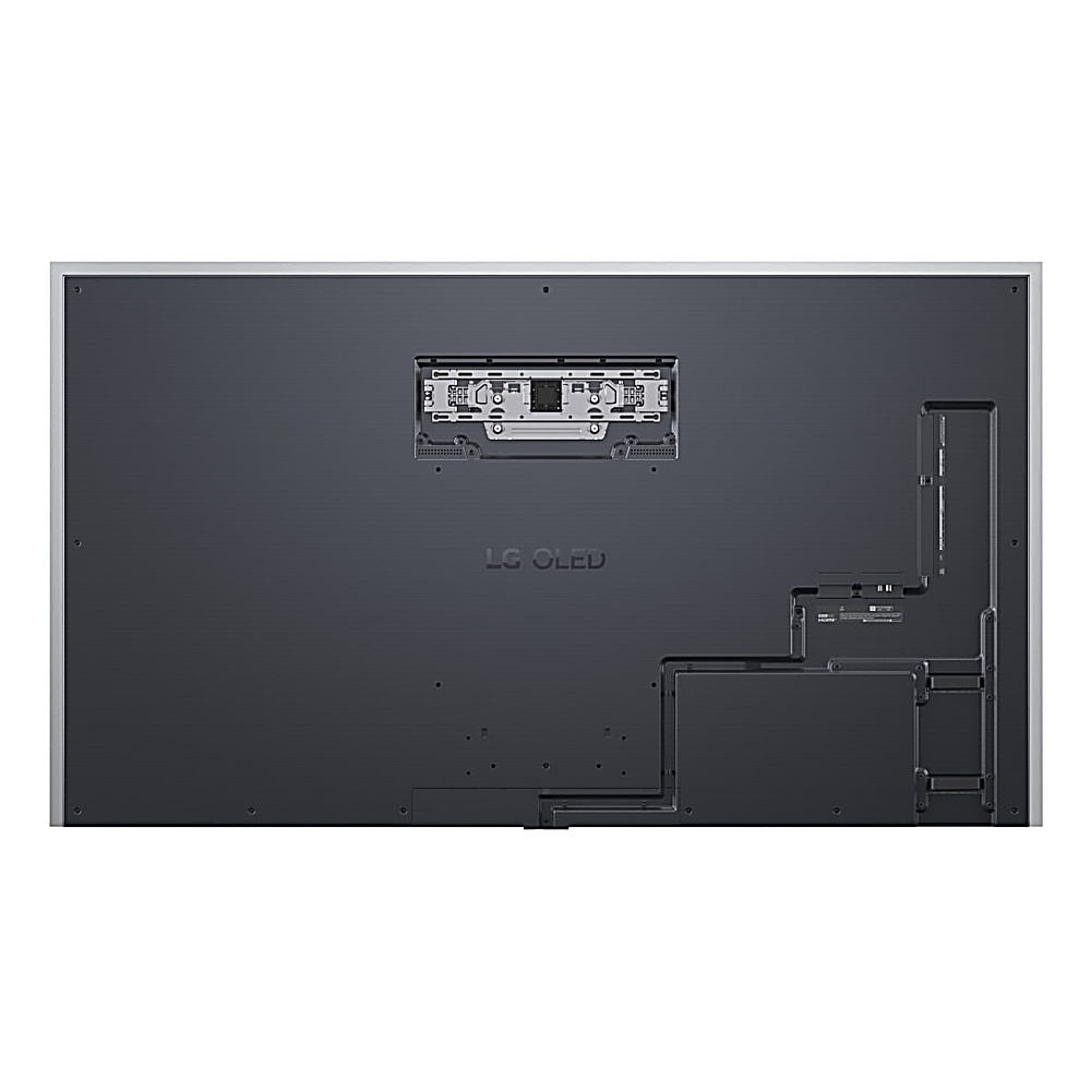 Widok z tyłu telewizora LG OLED z portami, złączami i logo LG OLED. Ramka jest srebrna.