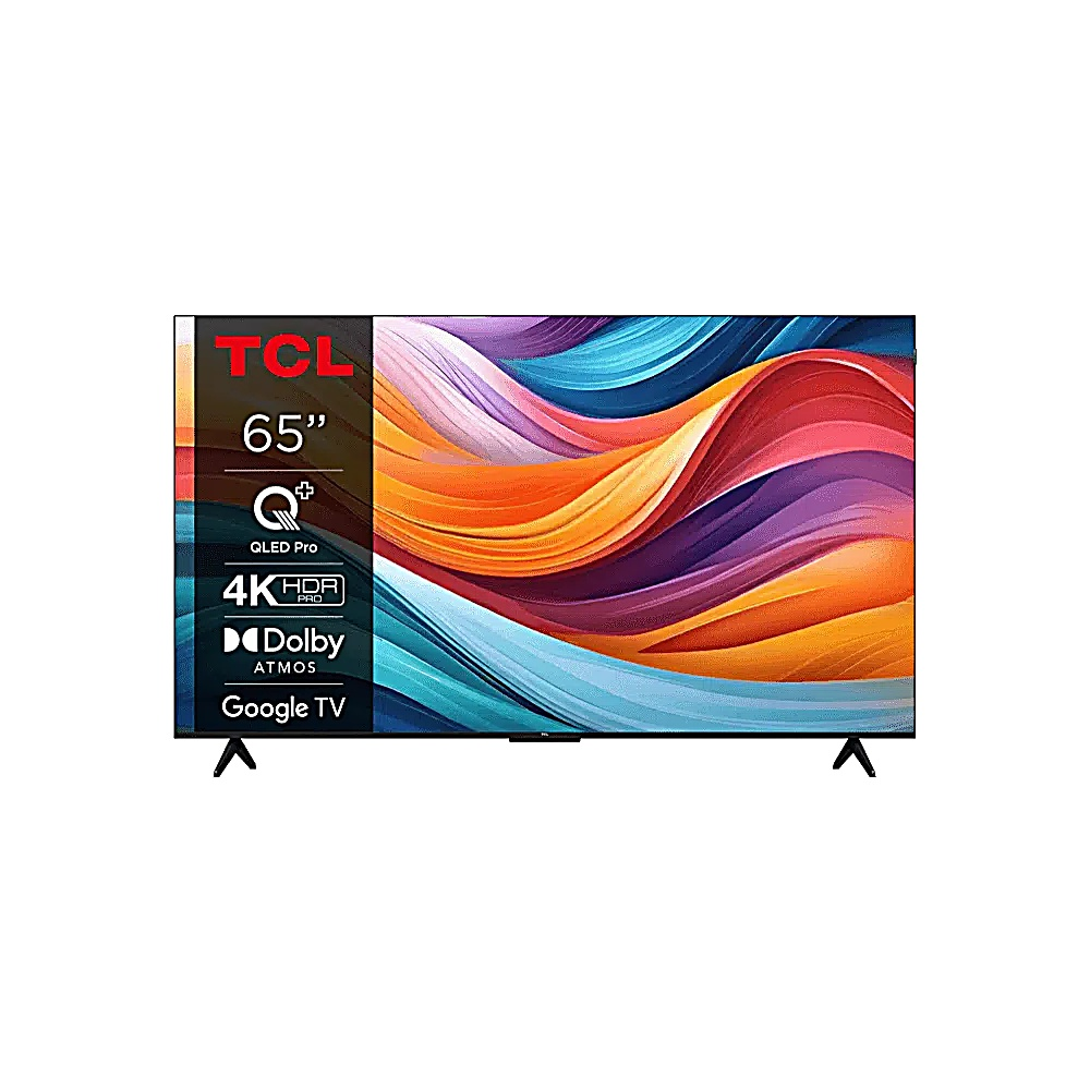 Telewizor TCL 65" wyświetla kolorową sztukę abstrakcyjną. Posiada 4K HDR, Dolby Atmos i Google TV. Czarny stojak na dole.