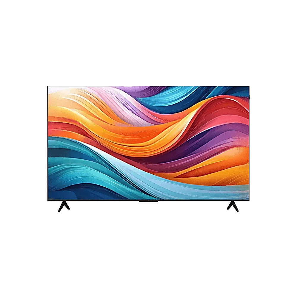 Telewizor z płaskim ekranem wyświetla kolorowy, abstrakcyjny wzór wirujących fal w odcieniach pomarańczu, niebieskiego, fioletu i żółtego. Ma czarne nóżki.