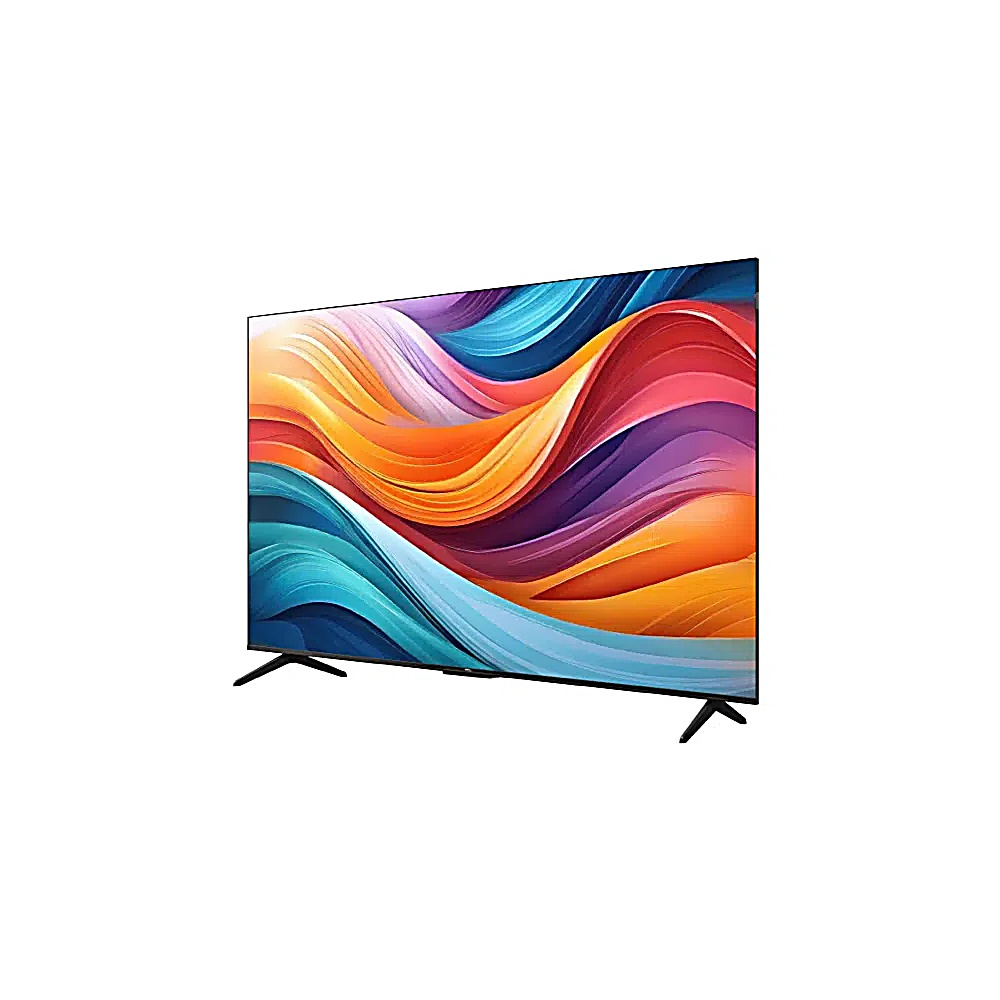 Telewizor z płaskim ekranem wyświetla kolorowe abstrakcyjne fale w kolorach pomarańczowym, niebieskim i fioletowym. Telewizor jest czarny i stoi na dwóch nogach na białym tle.