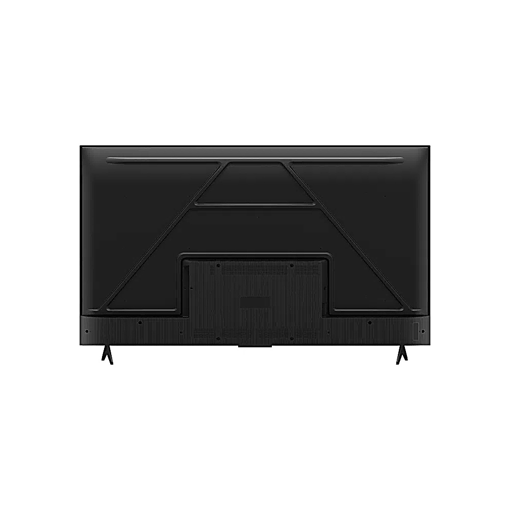 Widok z tyłu czarnego telewizora. Ma podstawę na dole, metalową ramę z tyłu i obszar głośnika pośrodku.