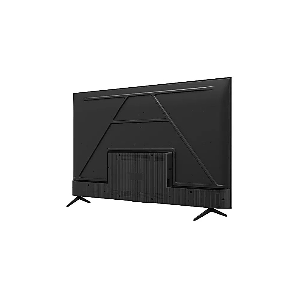 Widok z tyłu czarnego telewizora. Ma dwie czarne nogi. Tył ma teksturowany panel i geometryczny wzór.