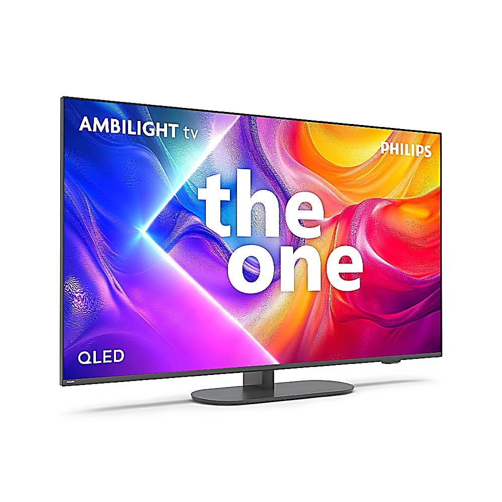 TV Philips Ambilight. The One QLED. Display con motivi astratti colorati e la scritta bianca The One. Supporto nero.
