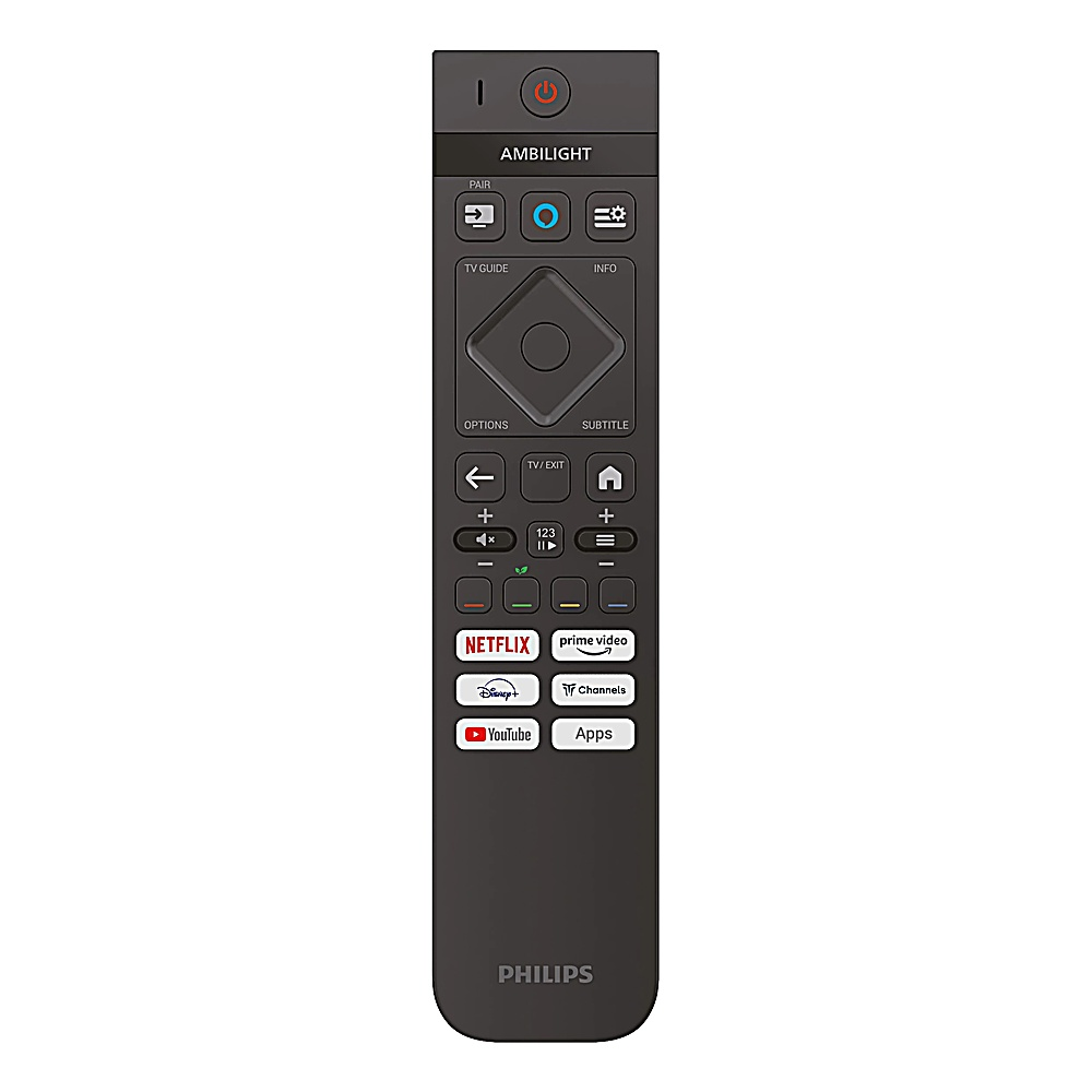 Un telecomando Philips grigio scuro. Ha molti pulsanti, tra cui Netflix, YouTube e controlli del volume. La parte superiore ha un pulsante di accensione.