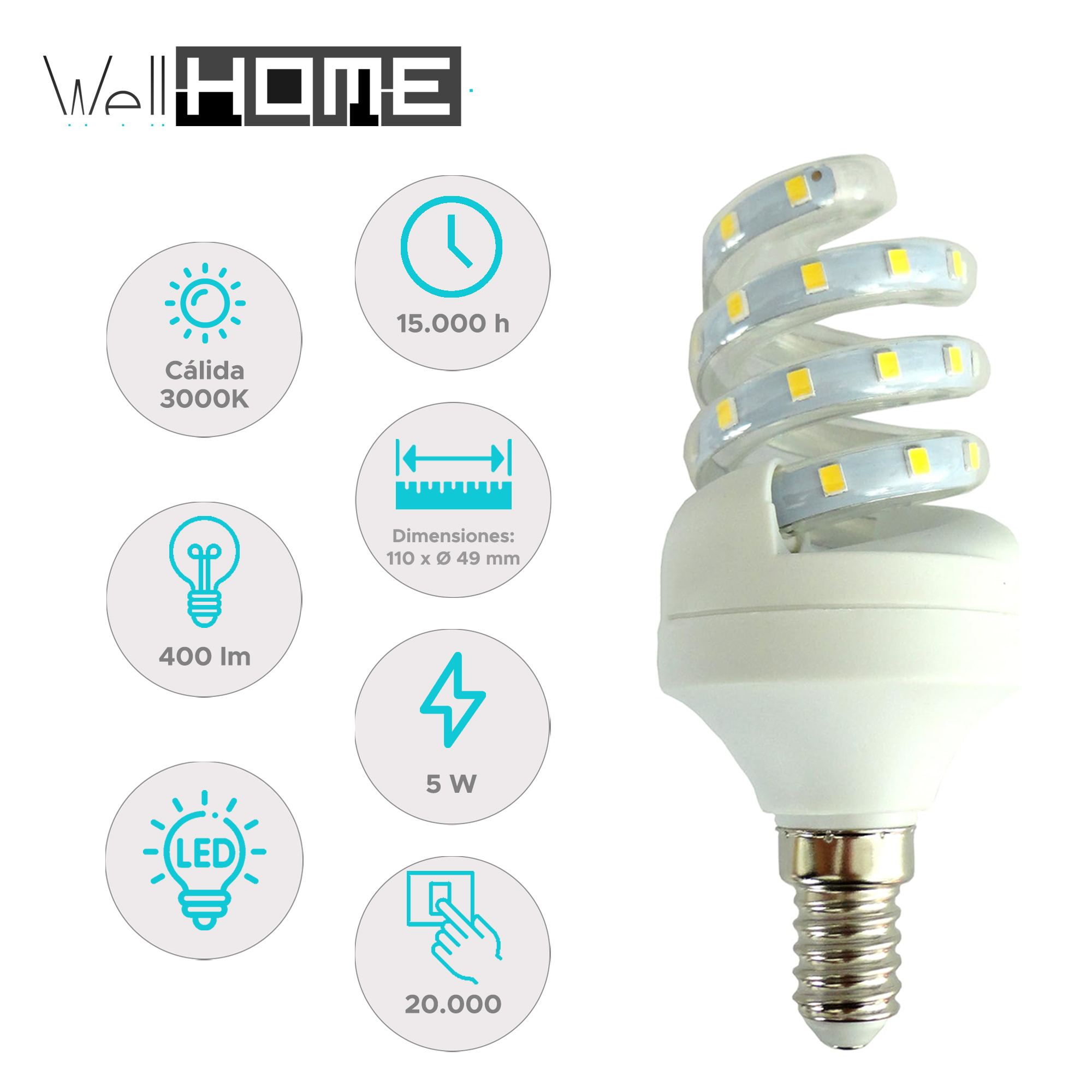 Una bombilla LED WellHOME. Tiene un diseño en espiral con luces amarillas. Hay iconos con texto alrededor de la bombilla.