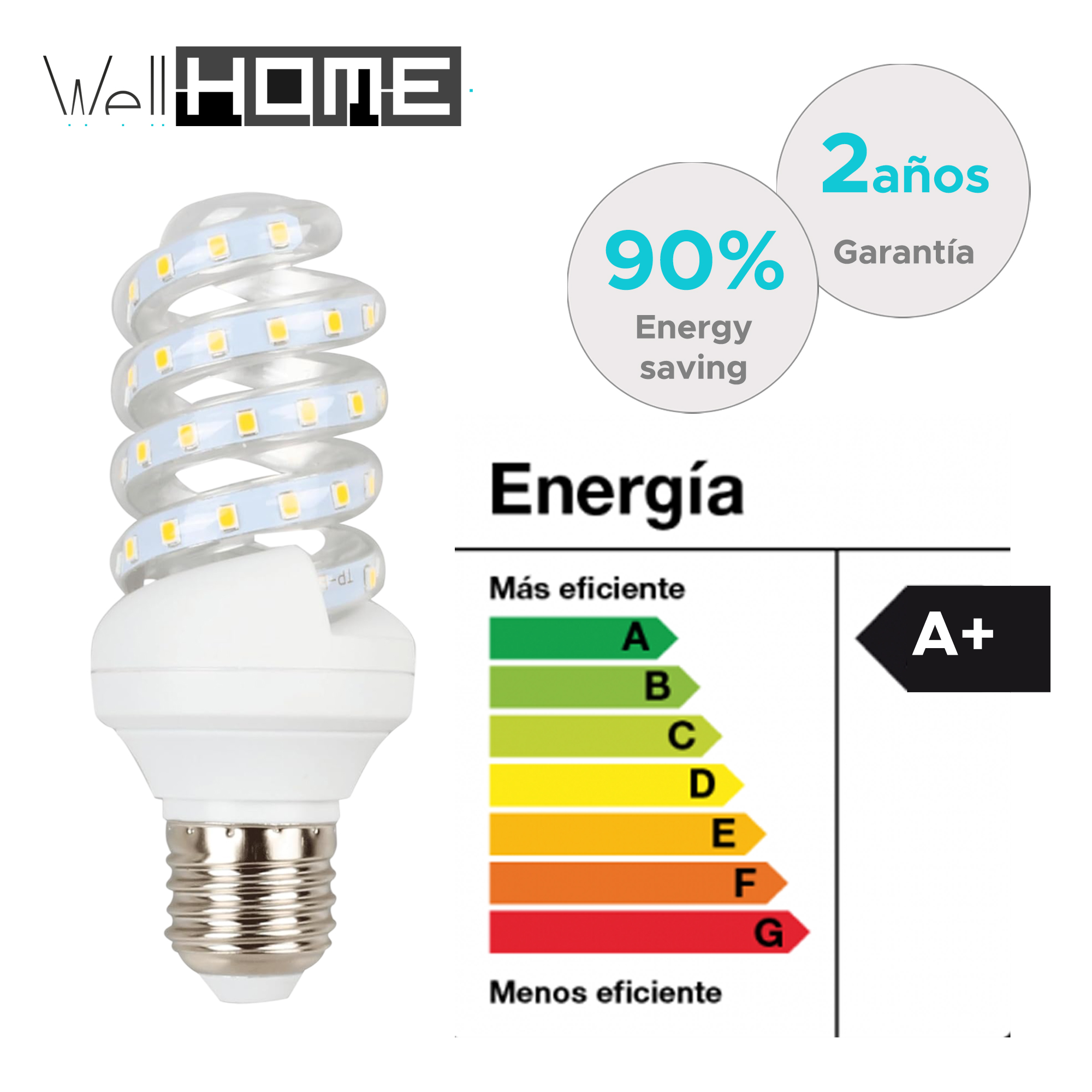 Una bombilla LED en espiral con información de ahorro de energía y garantía sobre un fondo blanco.