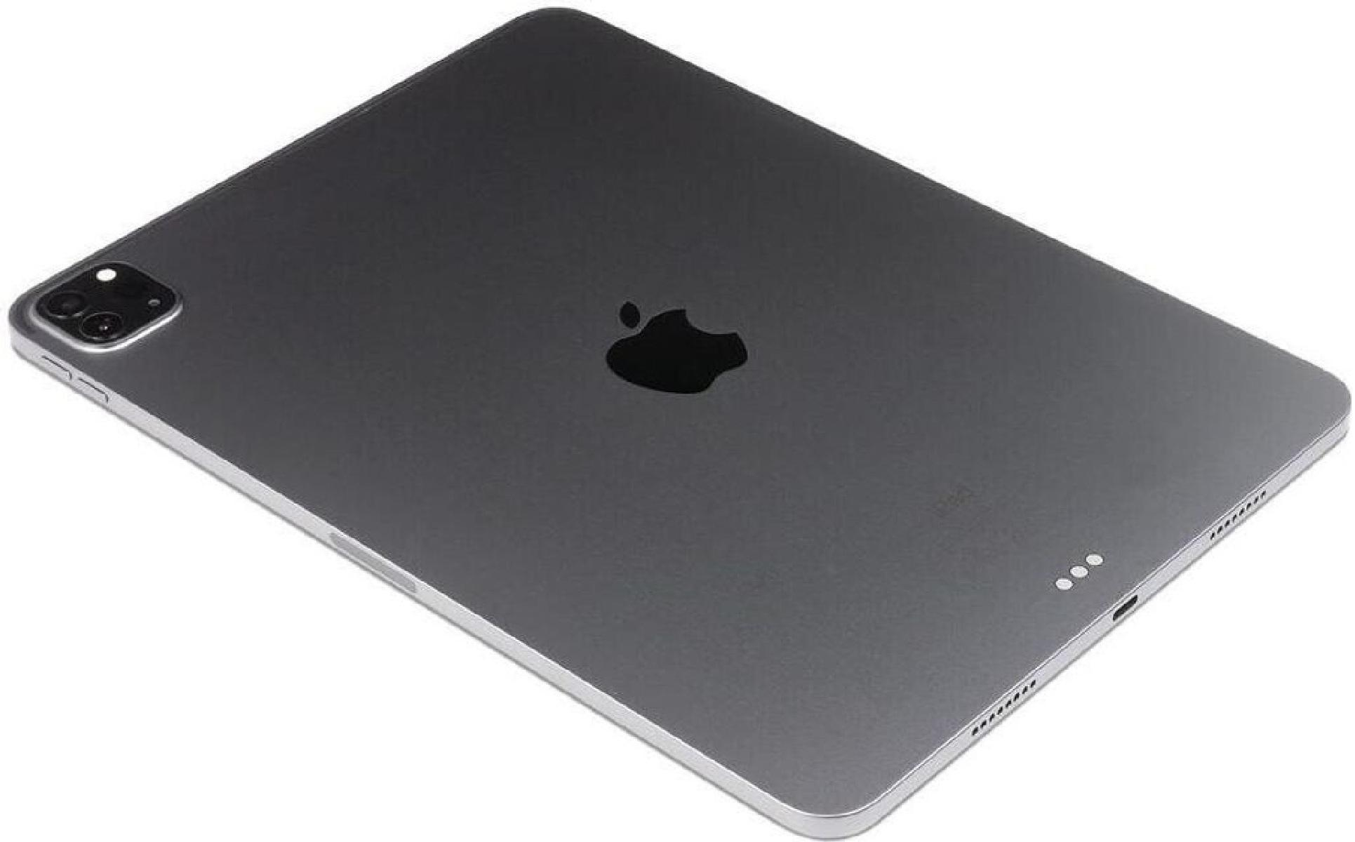 Een grijze iPad met het Apple-logo op de achterkant. Het heeft een camerasysteem en een zilveren rand.