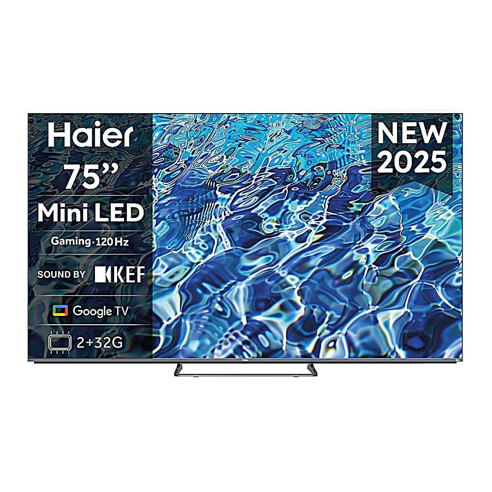 Un televisor Haier Mini LED de 75" con Google TV, modelo 2025. Características: Gaming 120Hz y sonido KEF. La pantalla muestra agua.