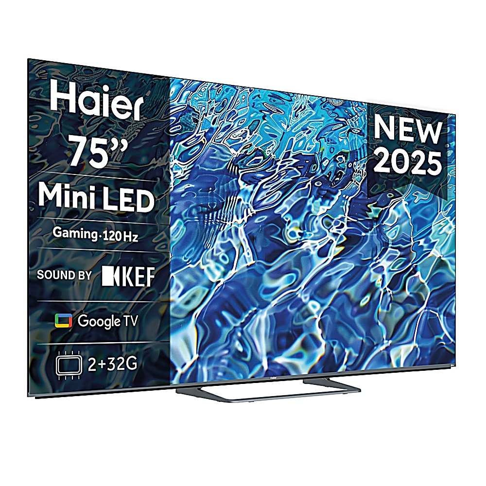 Televisor Haier Mini LED de 75". Incluye Gaming 120Hz, Google TV y sonido KEF. Tiene una etiqueta 'New 2025'.