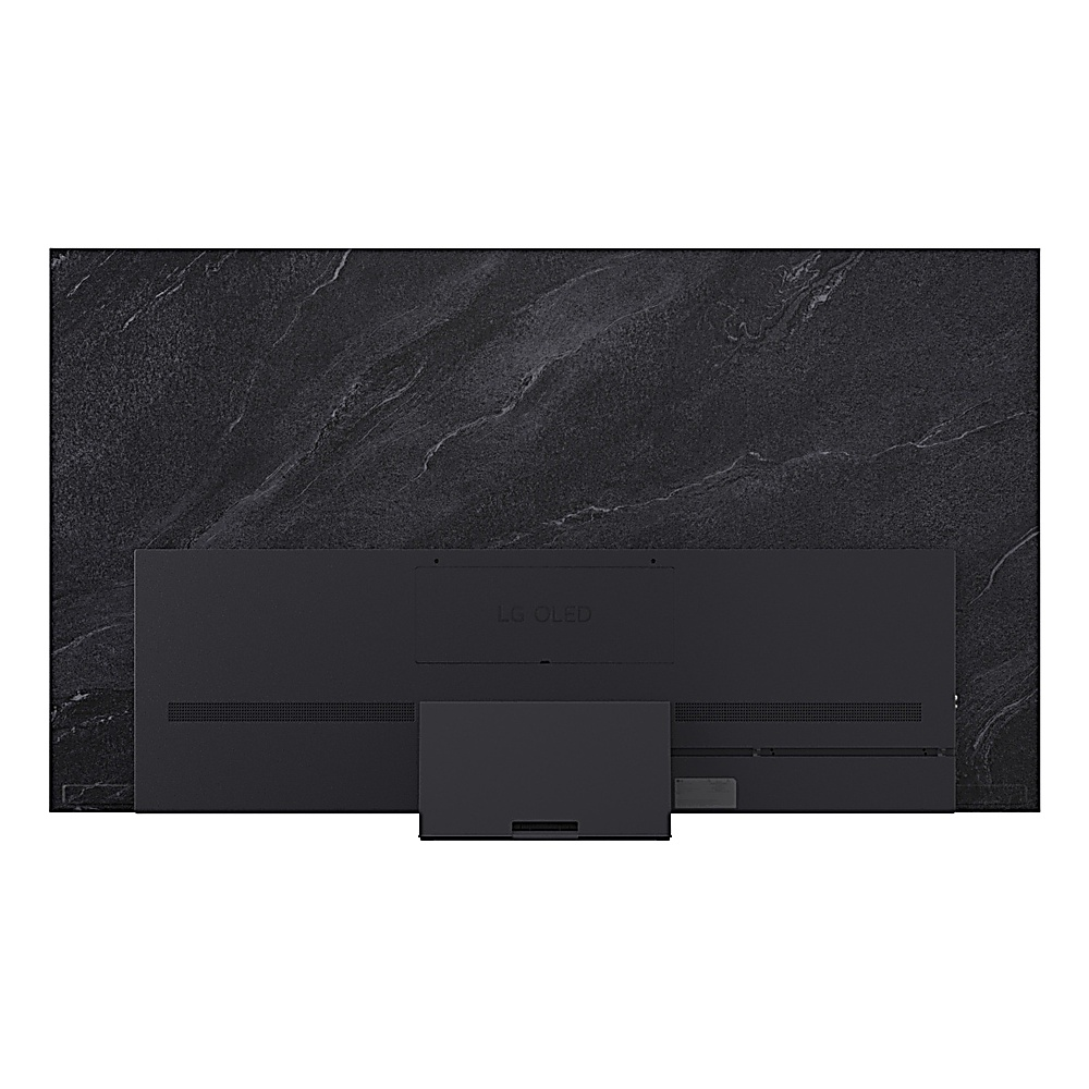 Widok z tyłu telewizora LG OLED na tle ciemnej, marmurkowej ściany. Telewizor jest czarny, z oddzielną czarną skrzynką poniżej.