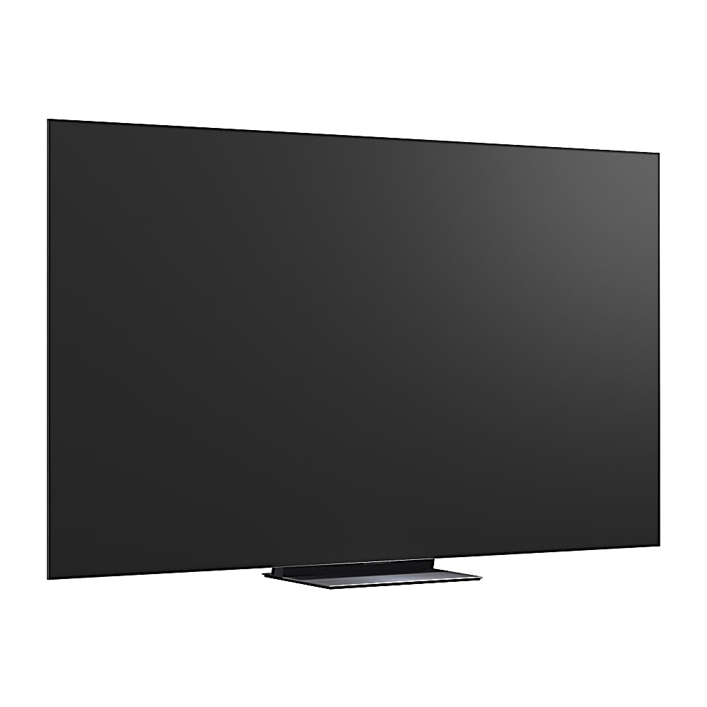 Duży, czarny telewizor z płaskim ekranem na białym tle. Ma prostokątną podstawę. Ekran jest ciemny i odbijający światło.
