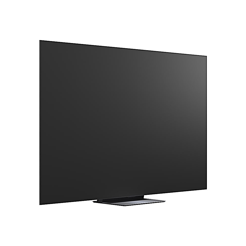 Duży, czarny, prostokątny telewizor stoi w pozycji pionowej. Ma cienką, ciemną ramę i małą, prostokątną podstawę.