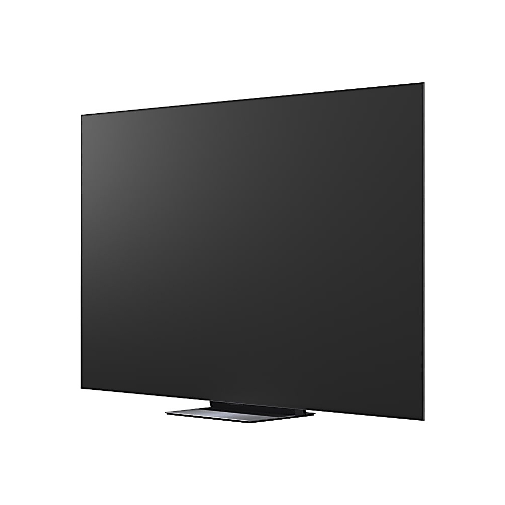 Wyświetlany jest duży, czarny telewizor z płaskim ekranem. Jest zamontowany na małym, prostokątnym stojaku. Tło jest białe.