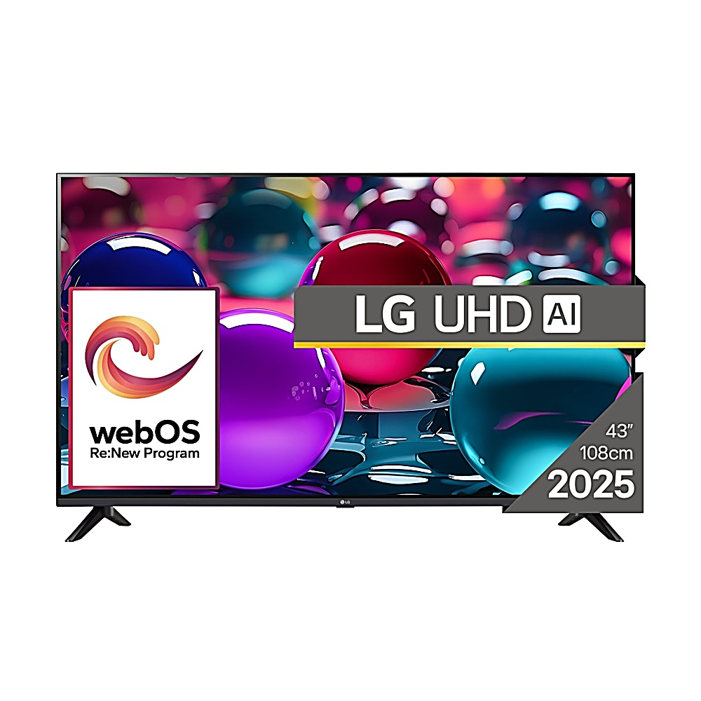 Telewizor LG UHD AI. 43-calowy ekran z kolorowymi sferami. Zawiera logo webOS i rok modelowy 2025.