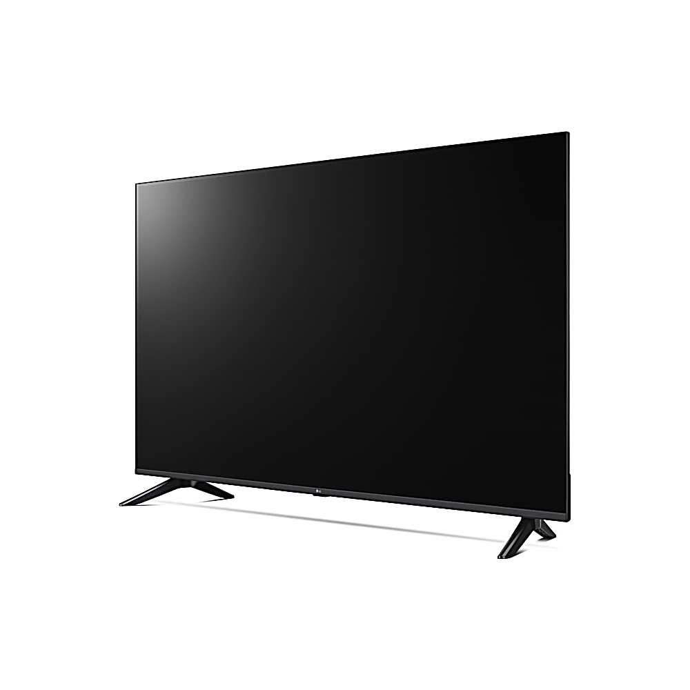 Duży czarny telewizor LG wyświetlany na białym tle. Telewizor jest lekko pochylony i ma dwie czarne nóżki.