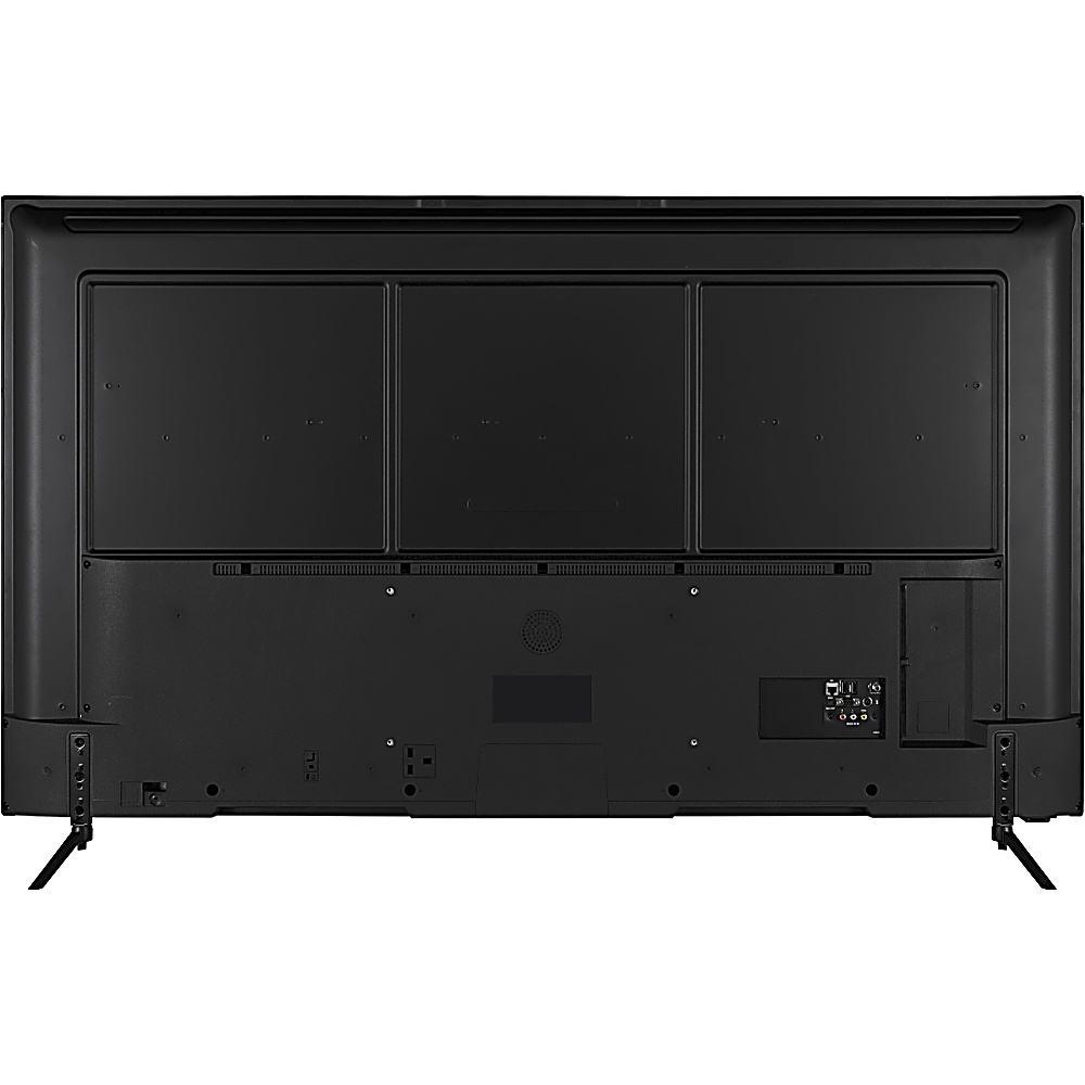 Parte trasera de un televisor negro. Tiene una toma de corriente, puertos de conexión y una serie de ventilaciones. Dos patas lo sostienen.