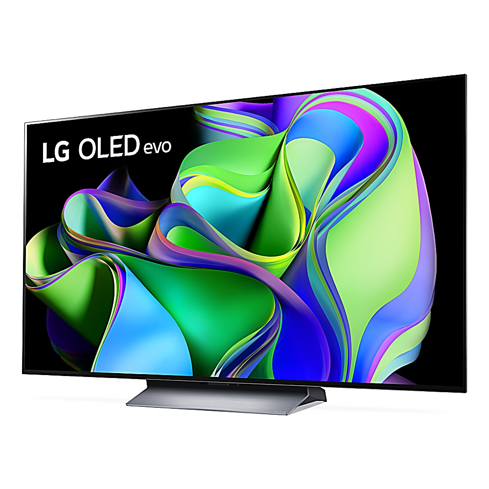 Bir LG OLED evo TV'si renkli soyut sanat sergiliyor. TV gümüş bir stand üzerinde duruyor. LG logosu sol üst köşede.