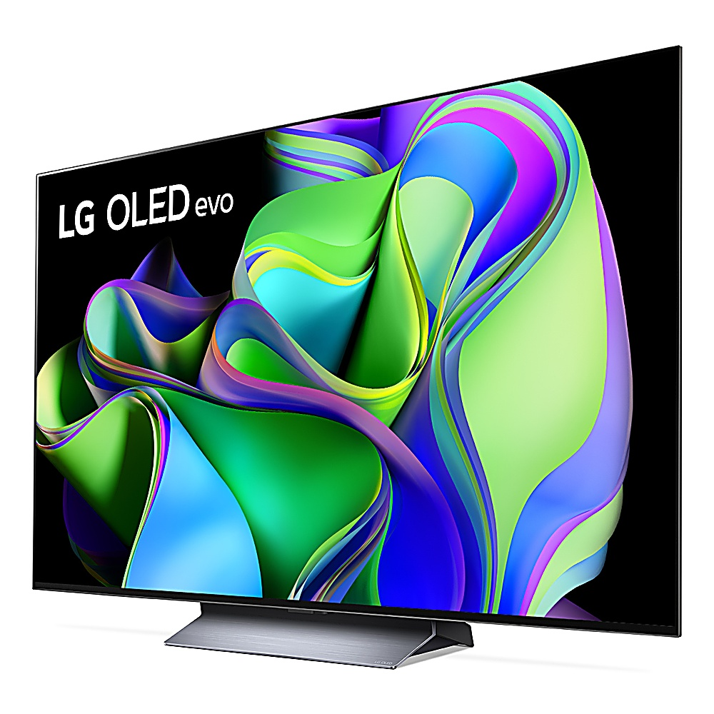 Bir LG OLED evo TV, renkli soyut sanat sergiliyor. TV siyah, gümüş bir standı var. LG logosu sol üstte.