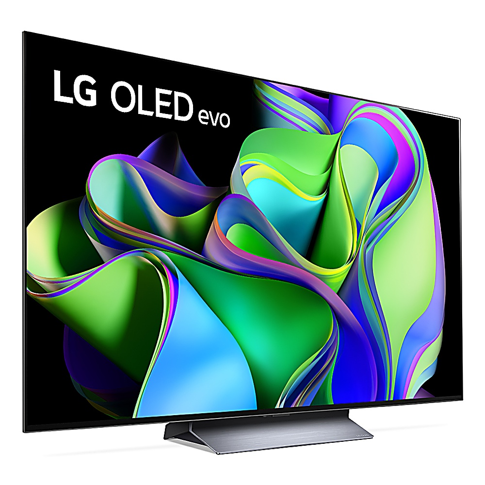 LG OLED evo TV. Ekran, siyah bir arka plan üzerinde yeşil, mor ve mavi renklerde renkli soyut şekiller sergiliyor. Gümüş stand.