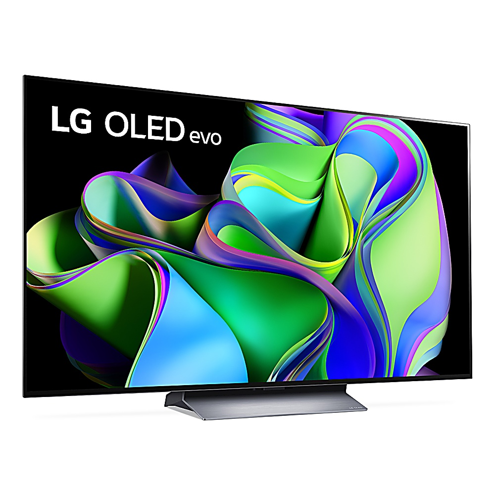 Bir LG OLED evo TV, yeşil, mavi ve mor girdaplarla soyut bir tasarım sergiliyor. TV, gümüş bir stand üzerinde duruyor.