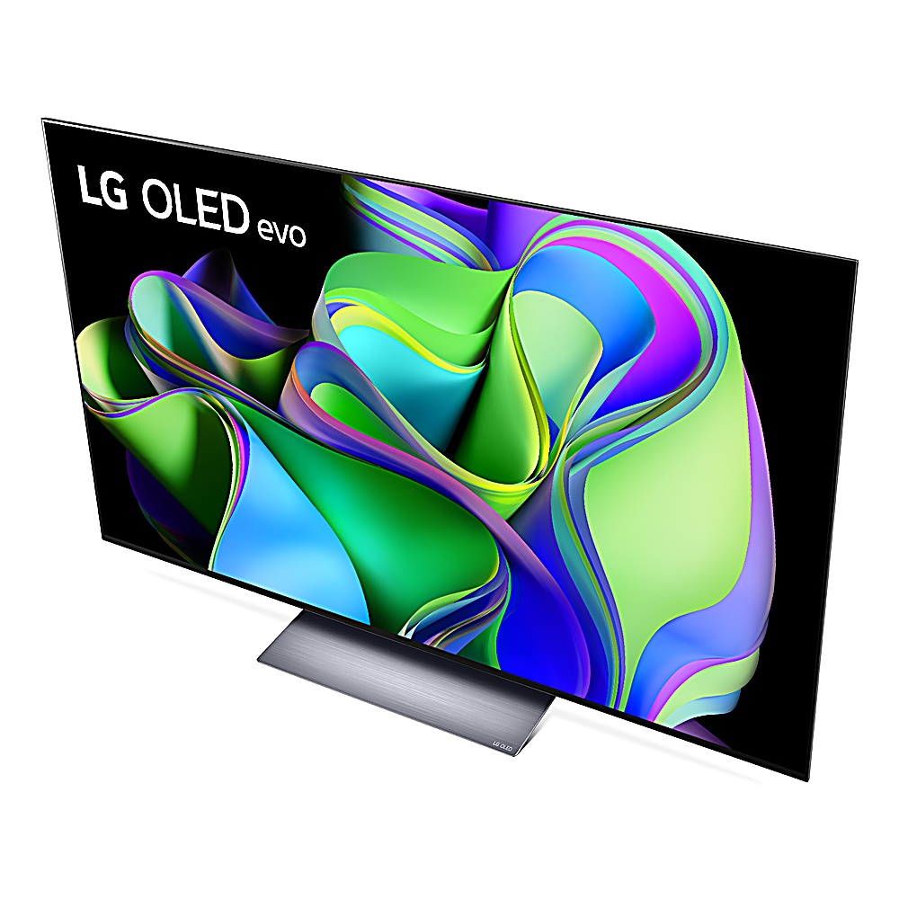 Bir LG OLED evo TV, renkli soyut sanat sergiliyor. TV siyah ve gümüş bir ayaklığa sahip. LG logosu görünür durumda.