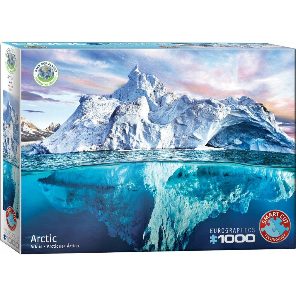 Puzzledose mit Eisberg über und unter Wasser. Himmel hat rosa und blaue Farbtöne. Der Text lautet 'Arctic' und '1000'.