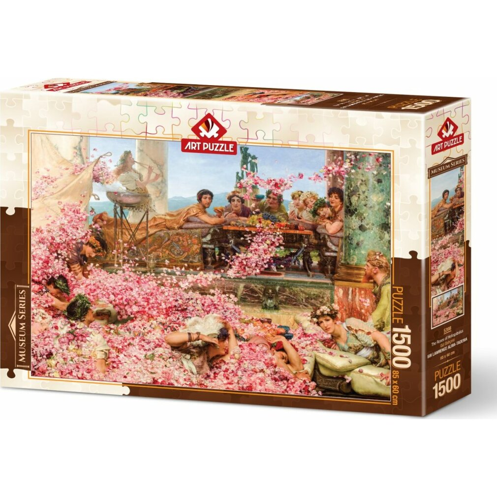 Pembe çiçeklerle dolu bir odada insanların tasvir edildiği bir sanat eserinin bulunduğu bir yapboz kutusu. Bazıları bir masada oturuyor.