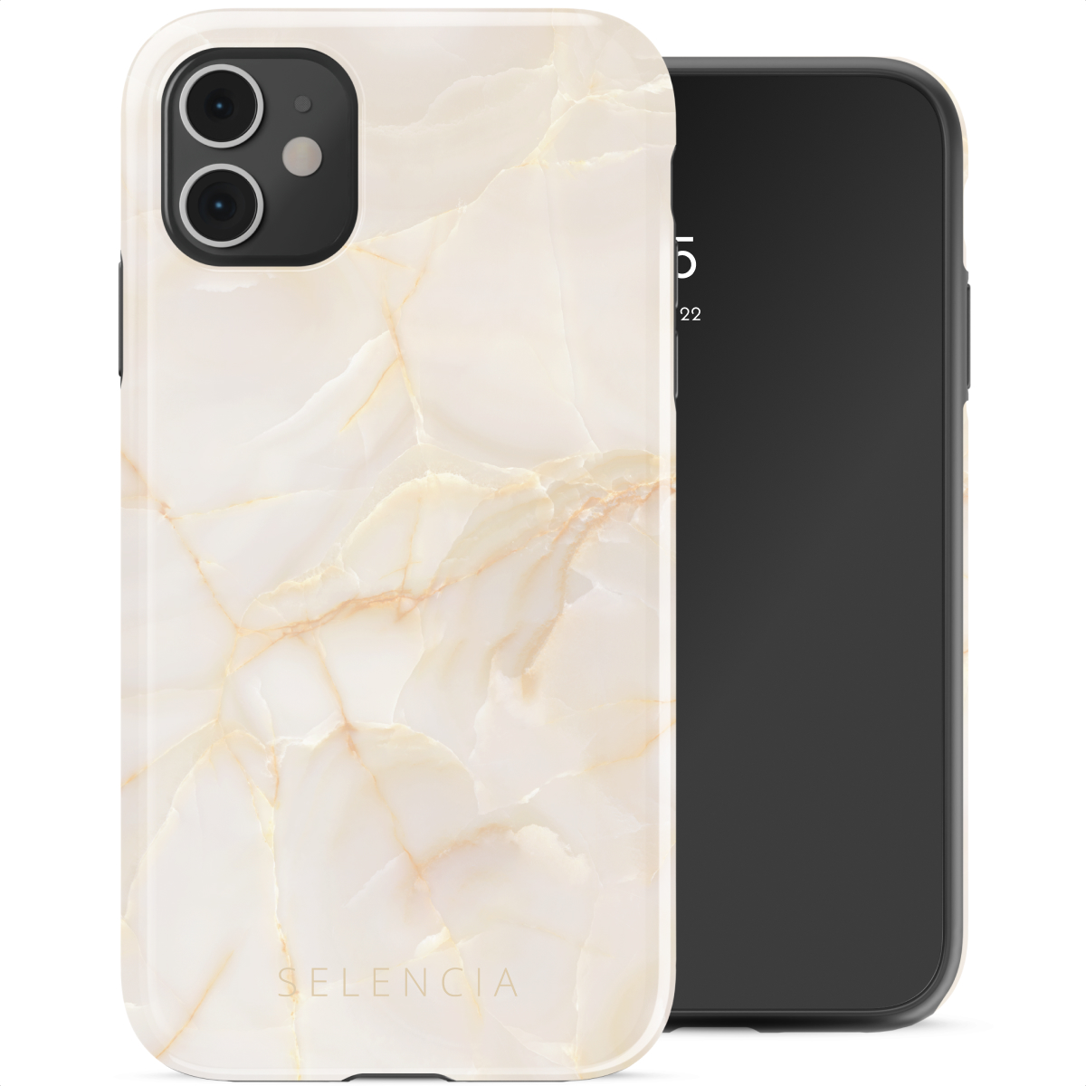 Uno smartphone con una custodia con motivo marmoreo accanto a uno smartphone nero. La custodia è bianca e dorata con la scritta SELENCIA.
