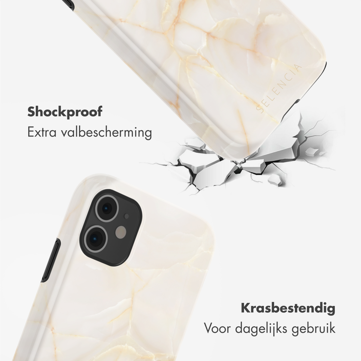 Due custodie per telefoni con texture marmorea, una rompe una superficie. Il testo dice 'Antishock' e 'Resistente ai graffi'.