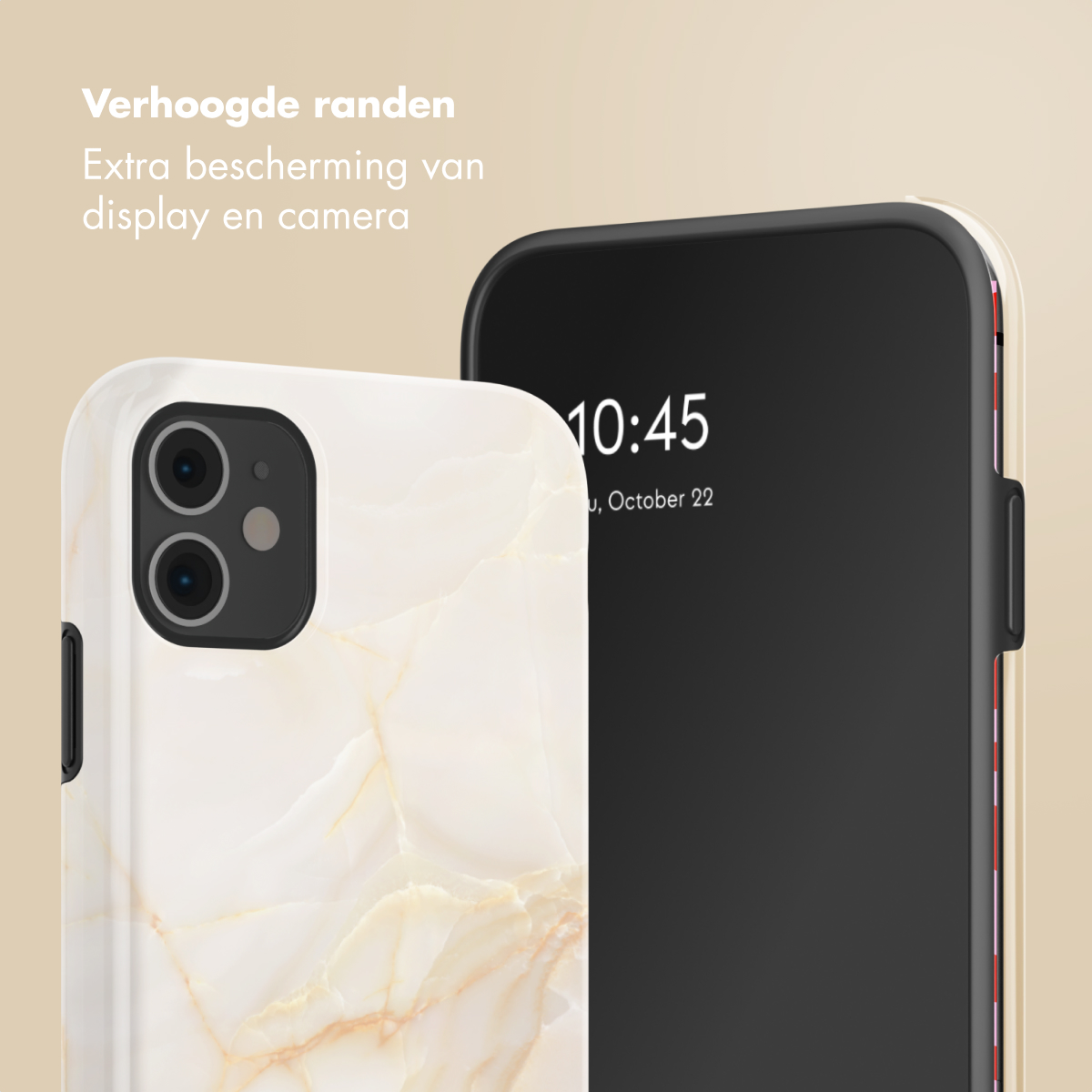 Due telefoni nelle custodie. Uno ha un design marmorizzato, l'altro mostra uno schermo con l'ora. Lo sfondo è color crema.