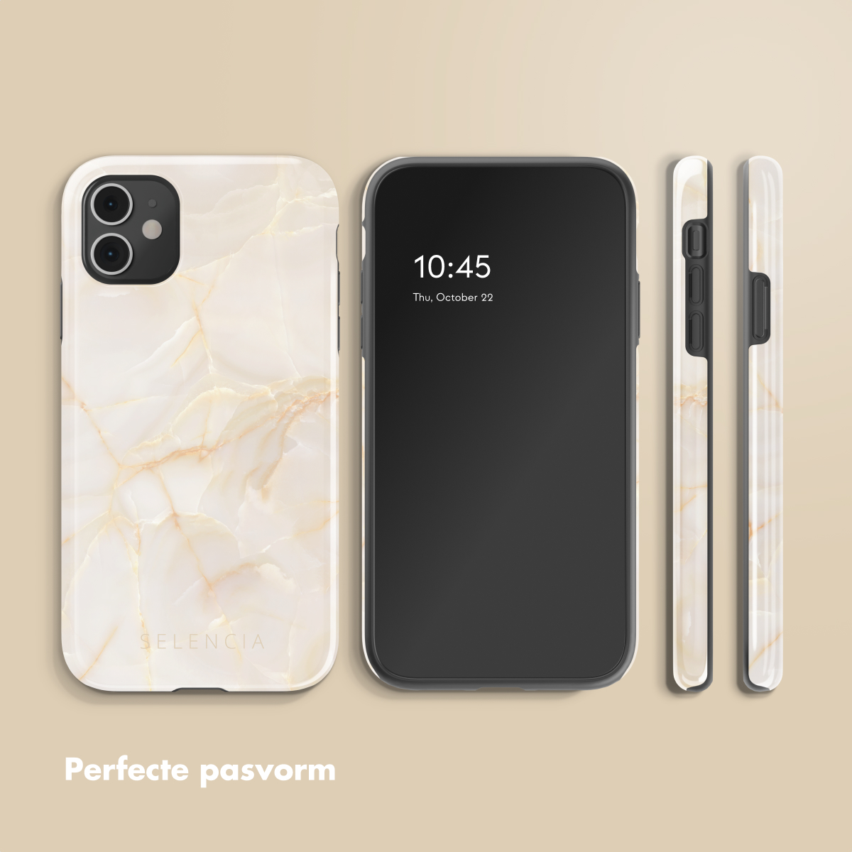 Un telefono e delle custodie sono esposti. Il telefono mostra l'ora. Le custodie sono bianche con venature dorate e il marchio è Selencia.